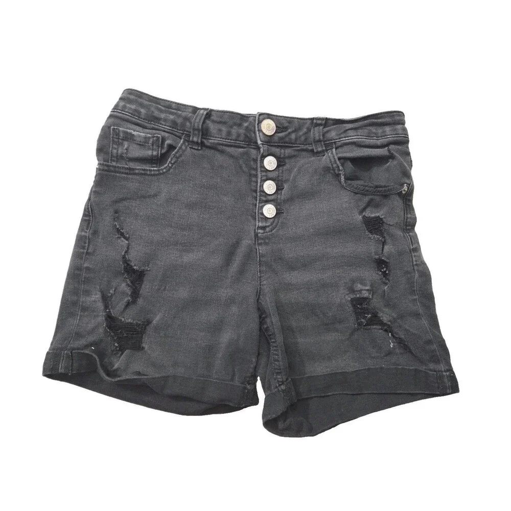 Girls Justice High Waisted distressed Black cotton/stretch Button Fly Shorts 14